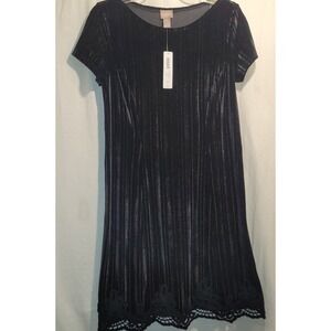 Chico's 0 XS Black Velvet Shift Dress Crochet Applique Trim Stretch‎ S-Slv NEW